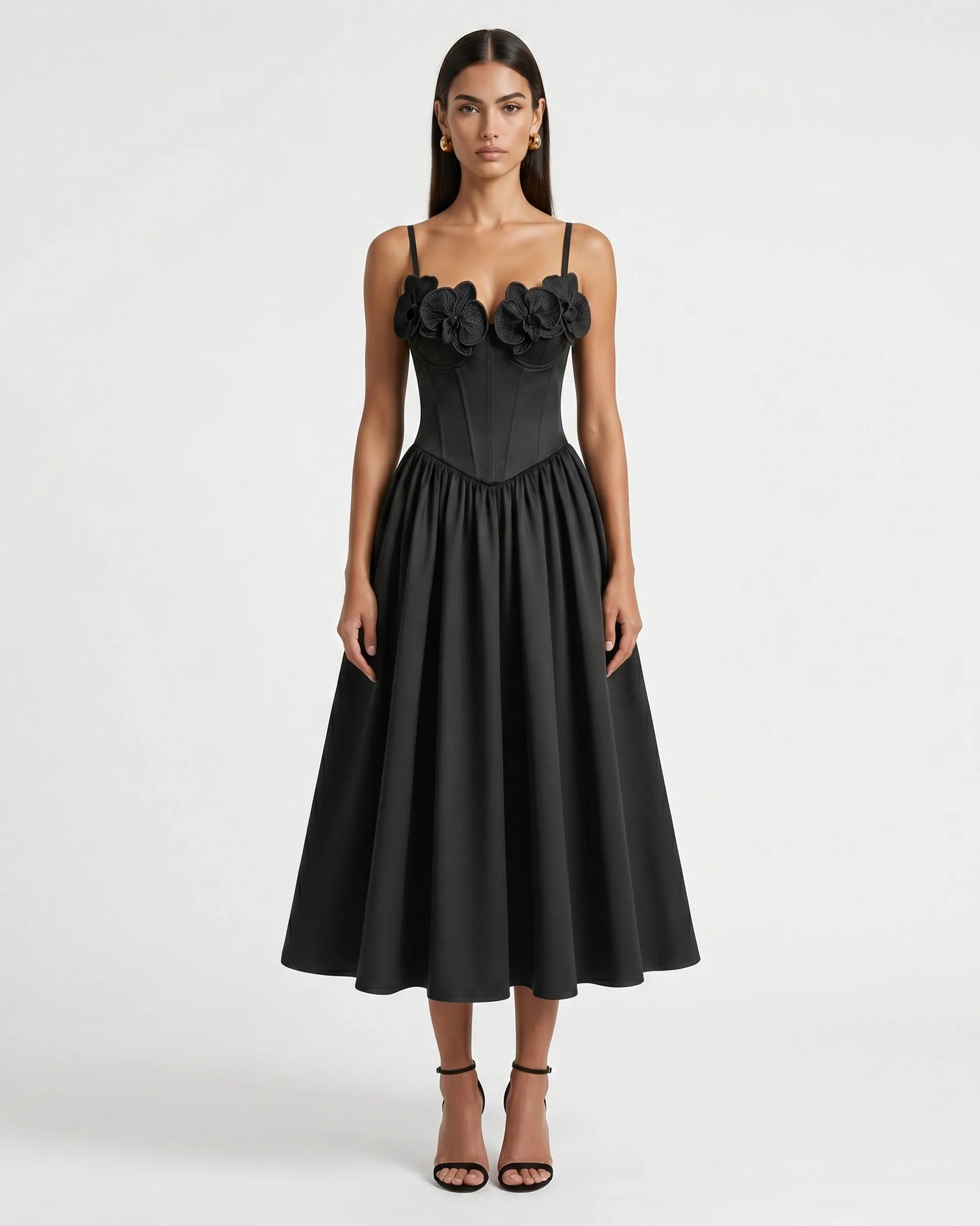 Iris Floral Appliqué Corset Midi Dress with Full Skirt - Black sold by JW PEI