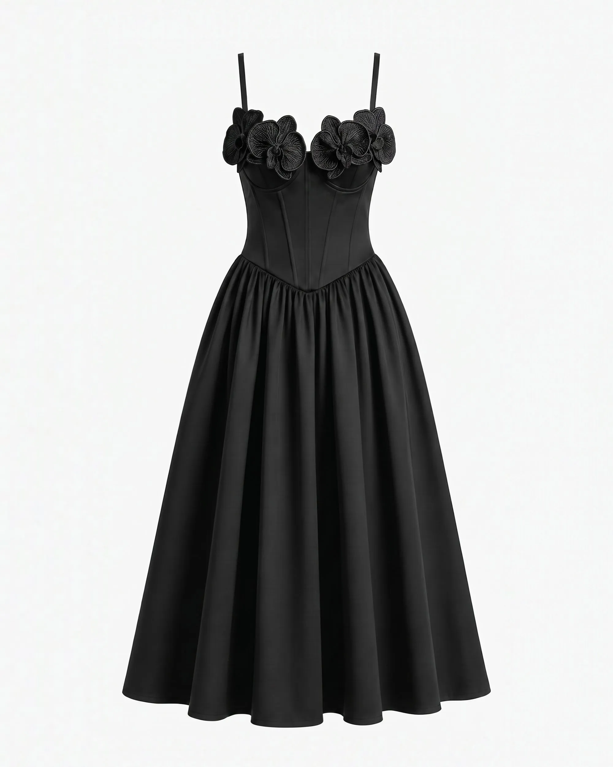 Iris Floral Appliqué Corset Midi Dress with Full Skirt - Black sold by JW PEI product image thumbnail 2