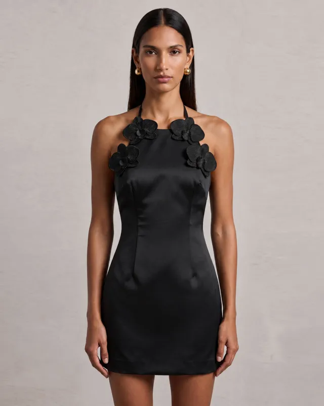 Iris Floral Appliqué Halter Mini Dress - Black made by JW PEI
