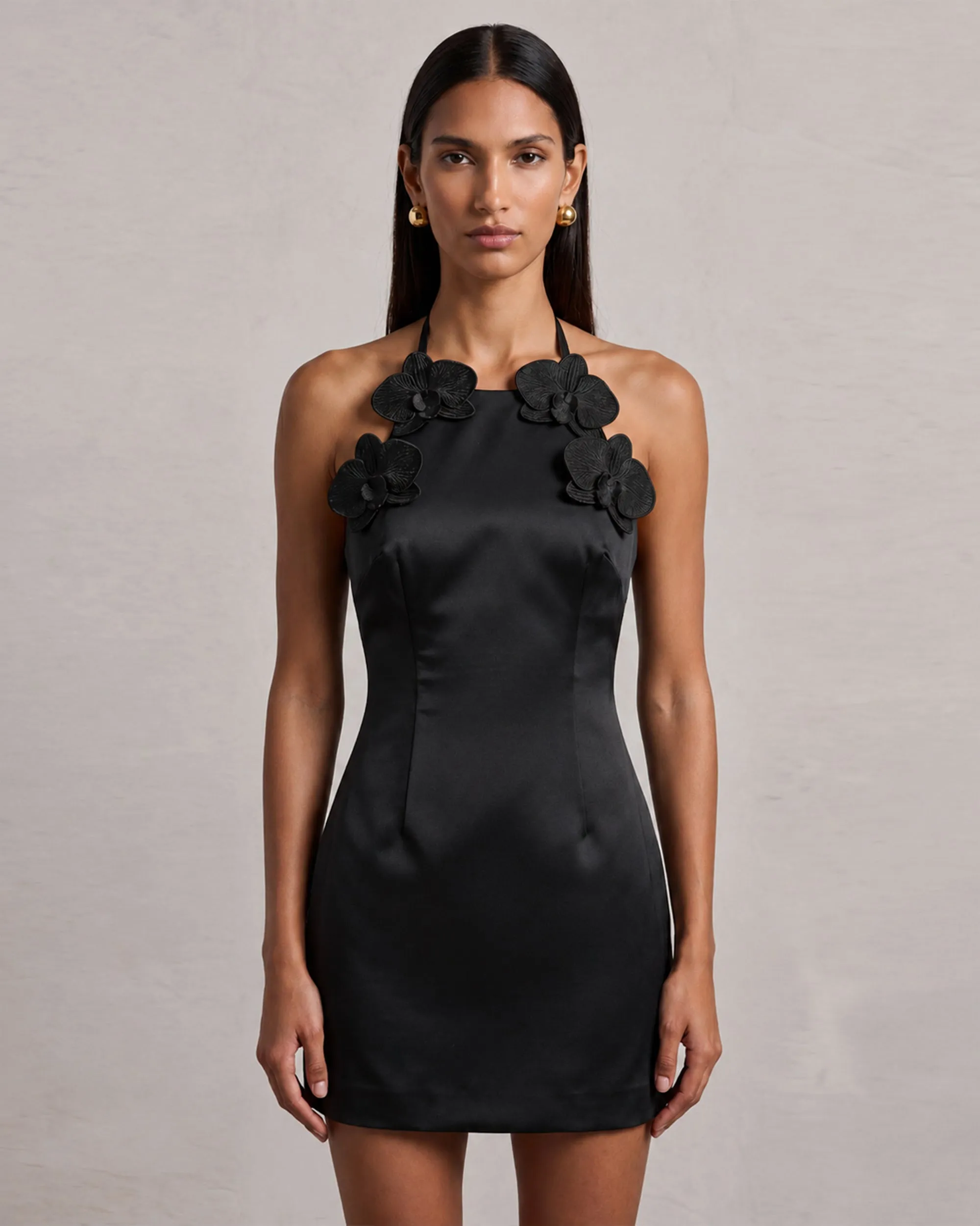 Iris Floral Appliqué Halter Mini Dress - Black sold by JW PEI