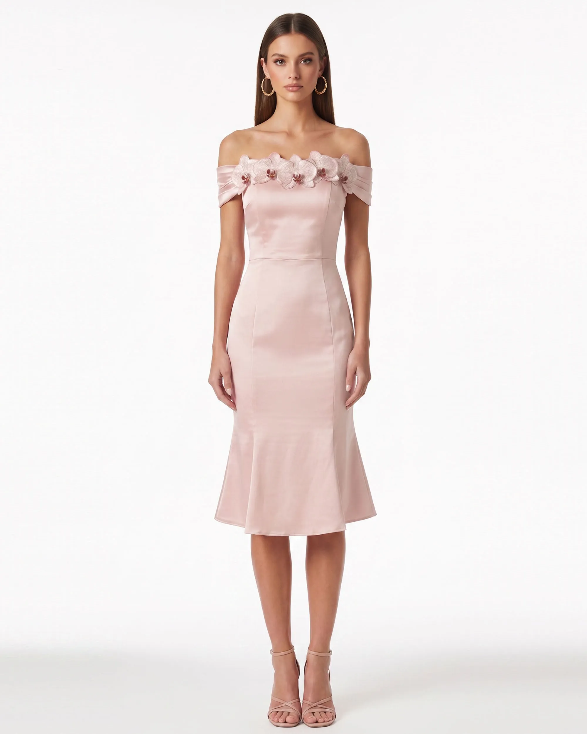 Iris Floral Appliqué Off-Shoulder Satin Midi Dress - Blush Pink sold by JW PEI
