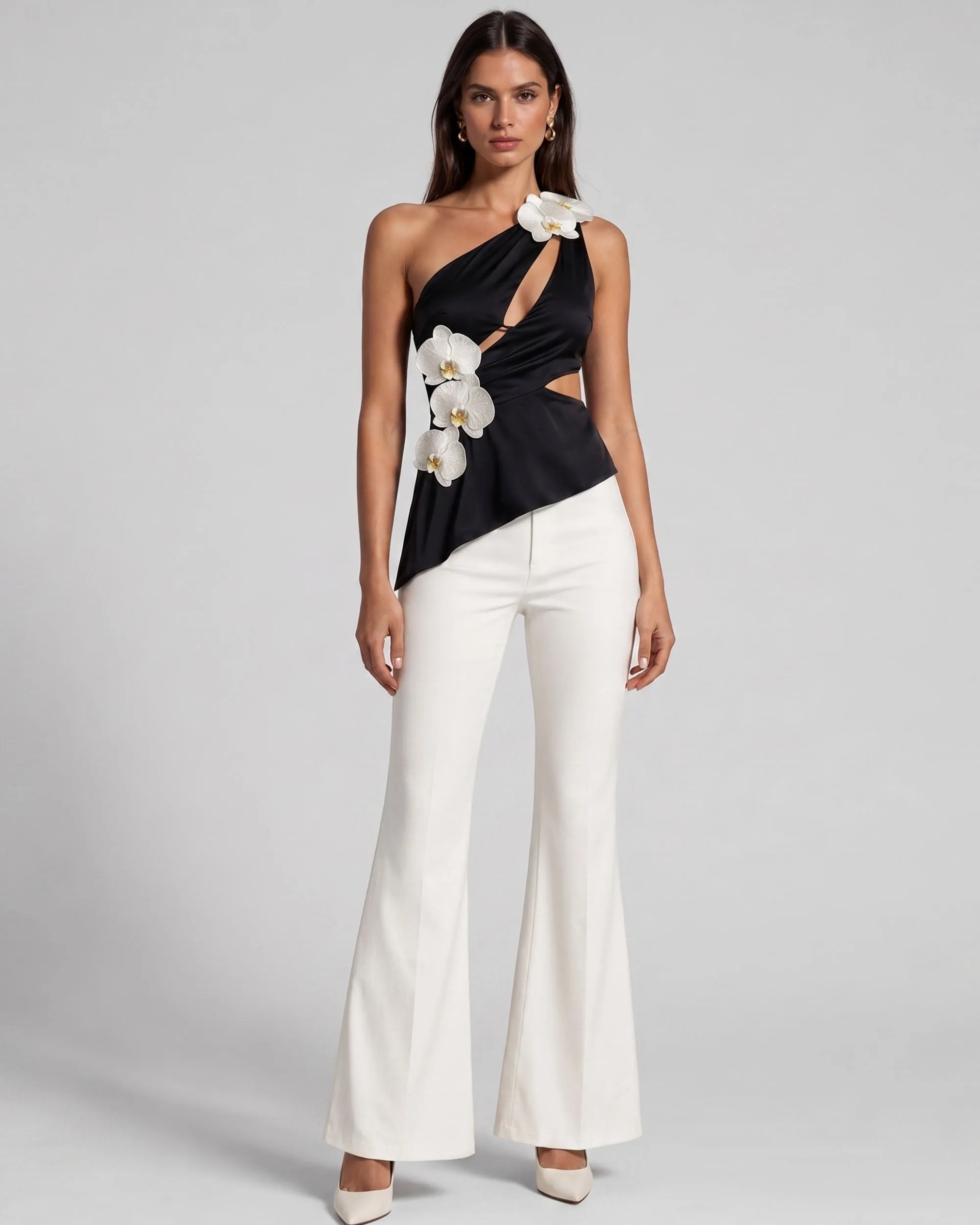 Iris Floral Appliqué Cut-Out Asymmetric Halter Top - Black sold by JW PEI