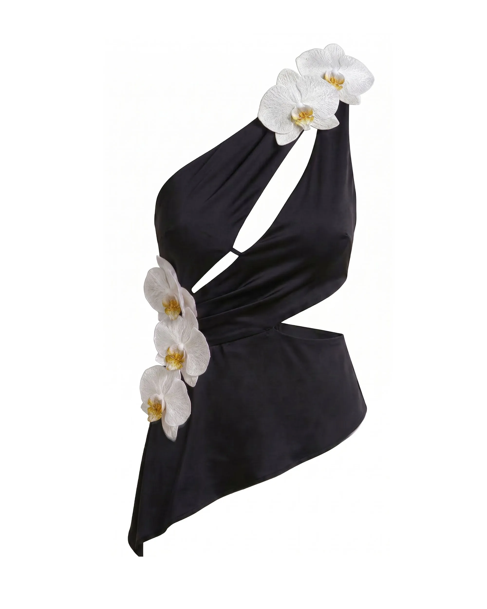 Iris Floral Appliqué Cut-Out Asymmetric Halter Top - Black sold by JW PEI product image thumbnail 3