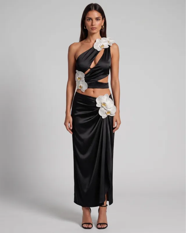 Iris Floral Appliqué Draped Satin Maxi Skirt - Black made by JW PEI