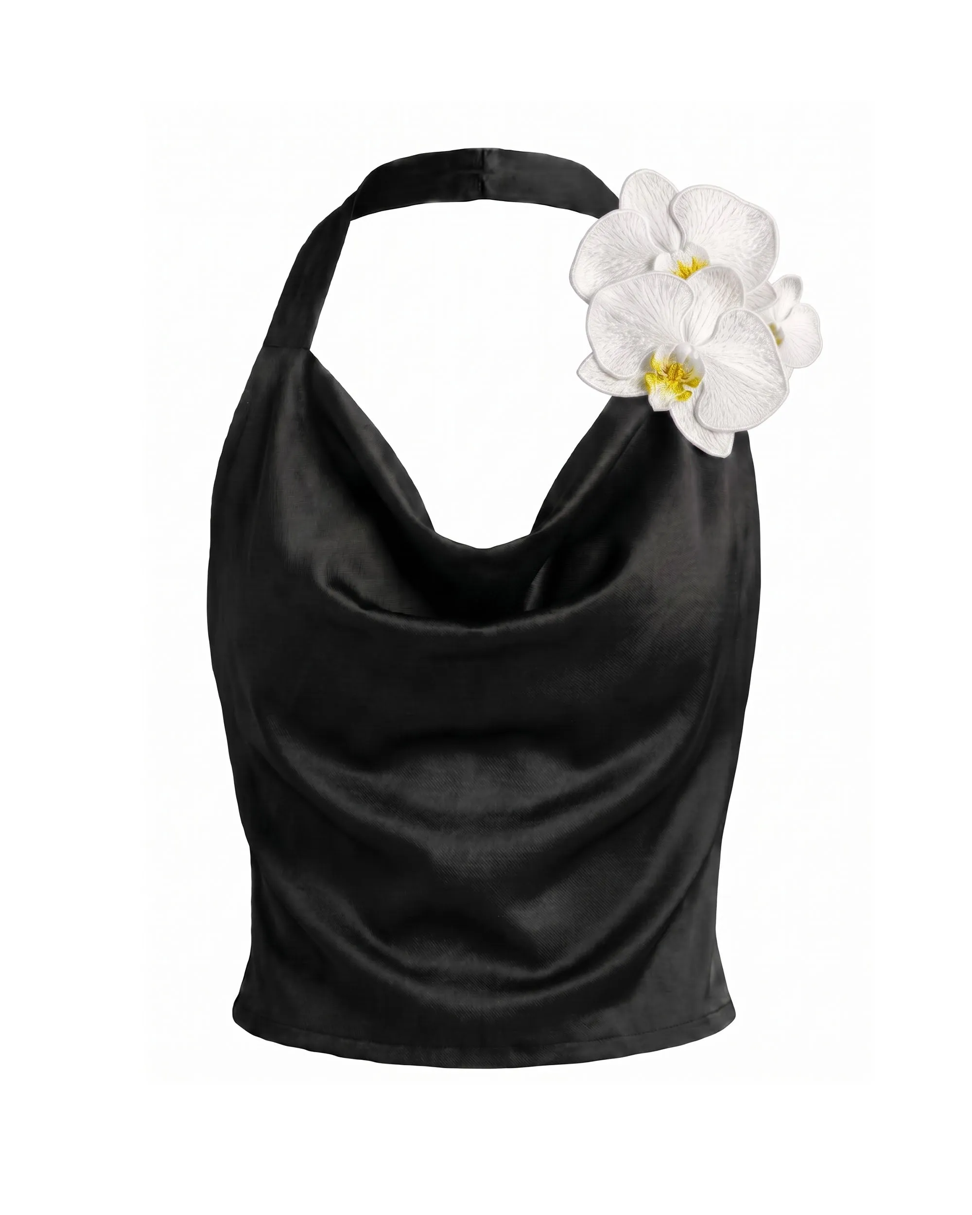 Iris Floral Appliqué Cowl Neck Halter Top - Black sold by JW PEI product image thumbnail 3