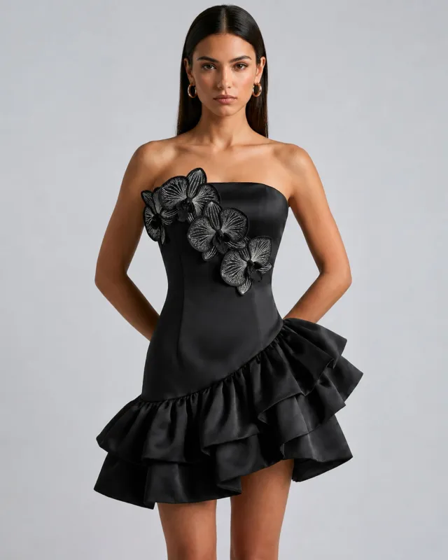 Iris Floral Appliqué Strapless Ruffle Mini Dress - Black made by JW PEI