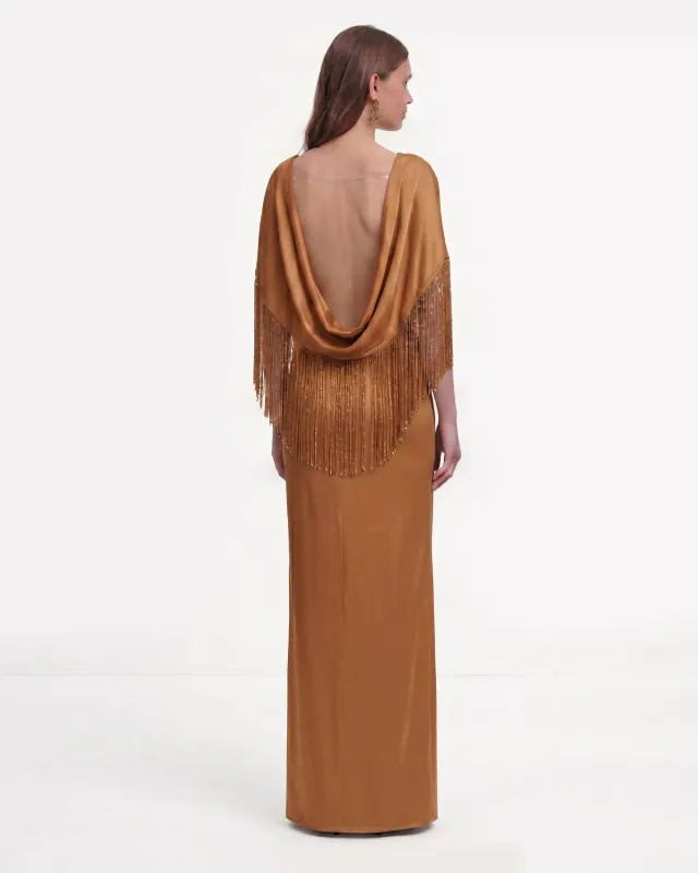 Fringe Cape Satin Maxi Dress - Caramel Brown made by JW PEI