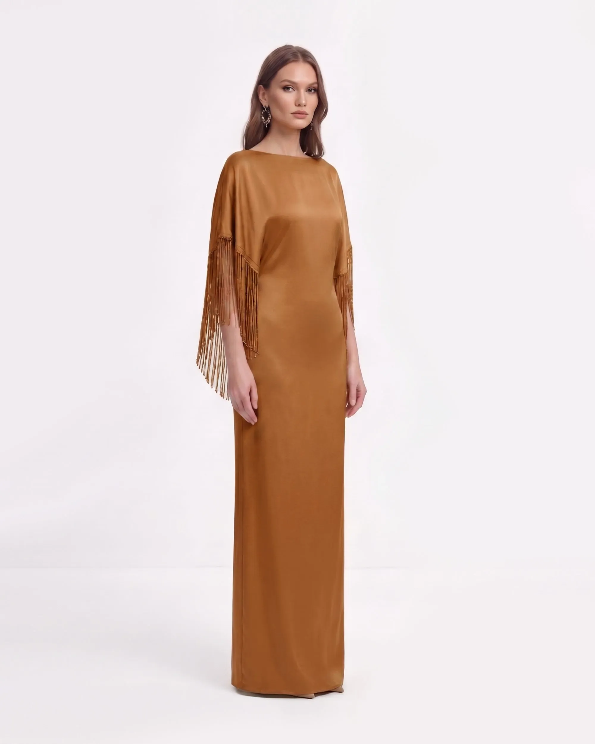 Fringe Cape Satin Maxi Dress - Caramel Brown sold by JW PEI product image thumbnail 2