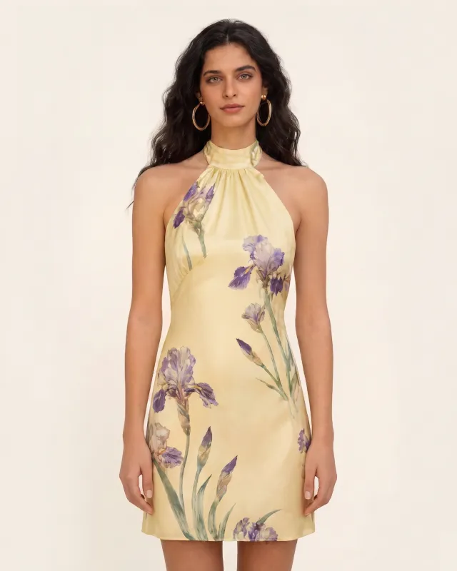 Iris Print Satin Halter Mini Dress - Soft Yellow made by JW PEI