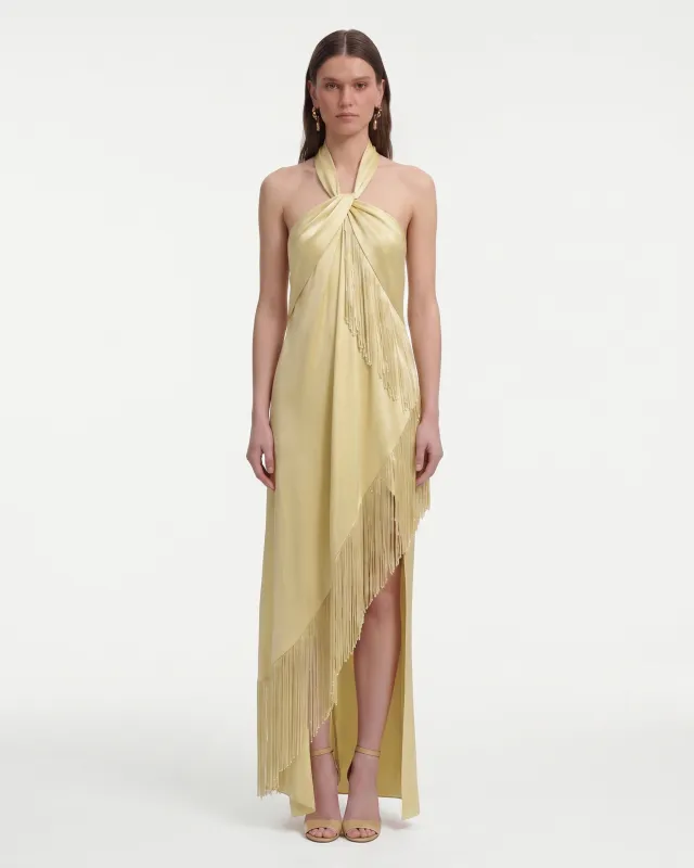 Fringe Halter Draped Satin Maxi Dress - Champagne made by JW PEI