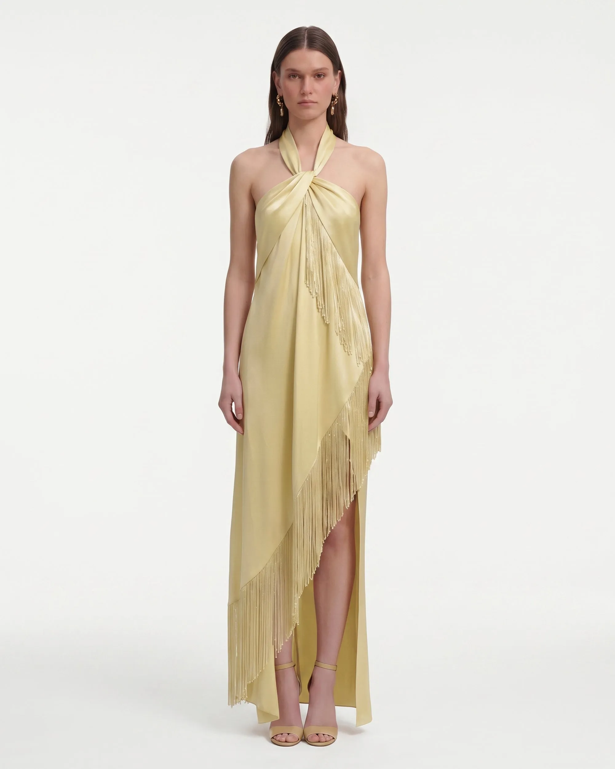 Fringe Halter Draped Satin Maxi Dress - Champagne sold by JW PEI