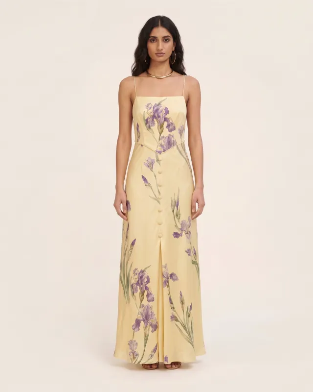 Iris Print Satin Button Front Maxi Dress - Soft Yellow made by JW PEI