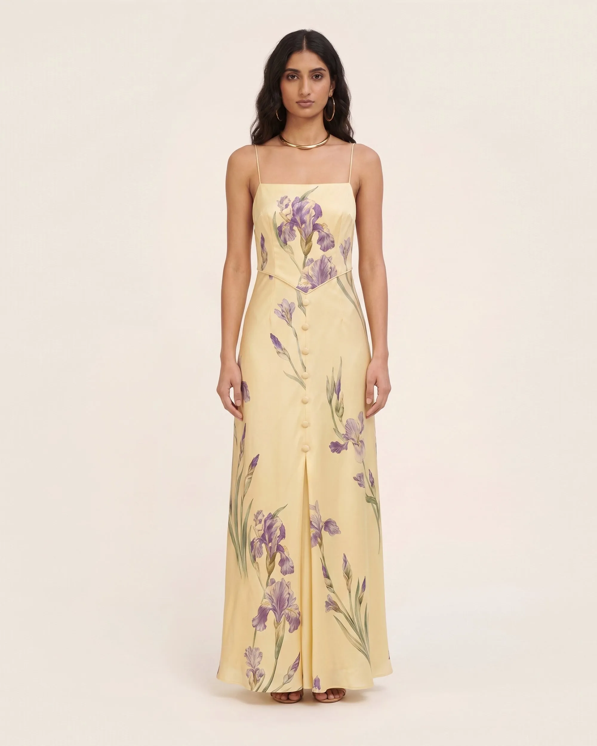 Iris Print Satin Button Front Maxi Dress - Soft Yellow sold by JW PEI