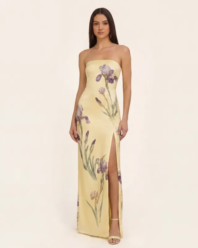 Iris Print Strapless Satin Slit Maxi Dress - Soft Yellow made by JW PEI