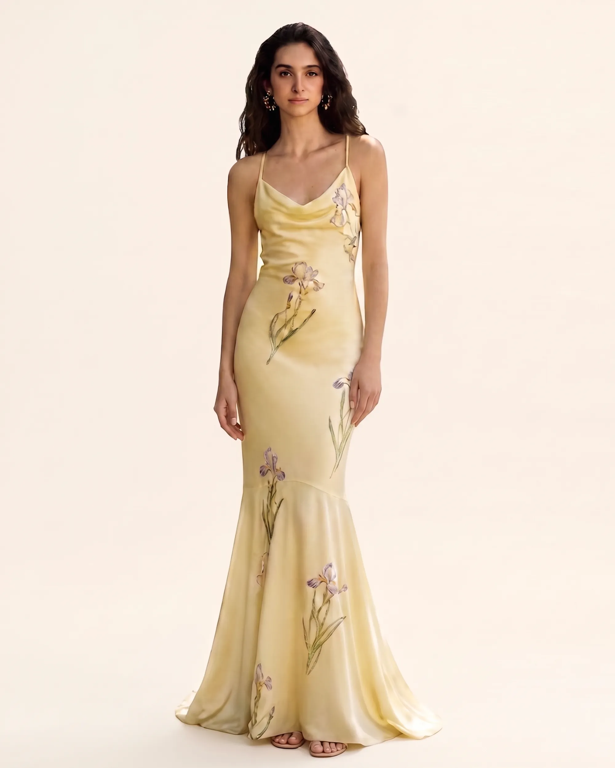 Iris Print Cowl Neck Mermaid Maxi Dress - Soft Yellow sold by JW PEI