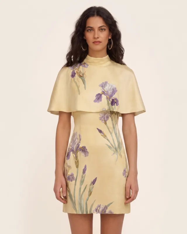 Iris Print Cape Overlay Mini Dress - Soft Yellow made by JW PEI