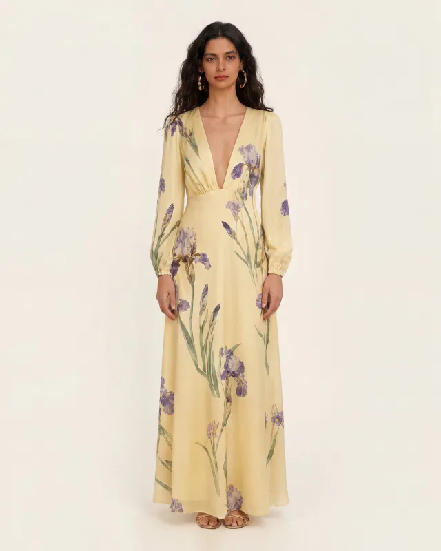 Iris Print Deep-V Long-Sleeve Maxi Dress - Soft Yellow made by JW PEI