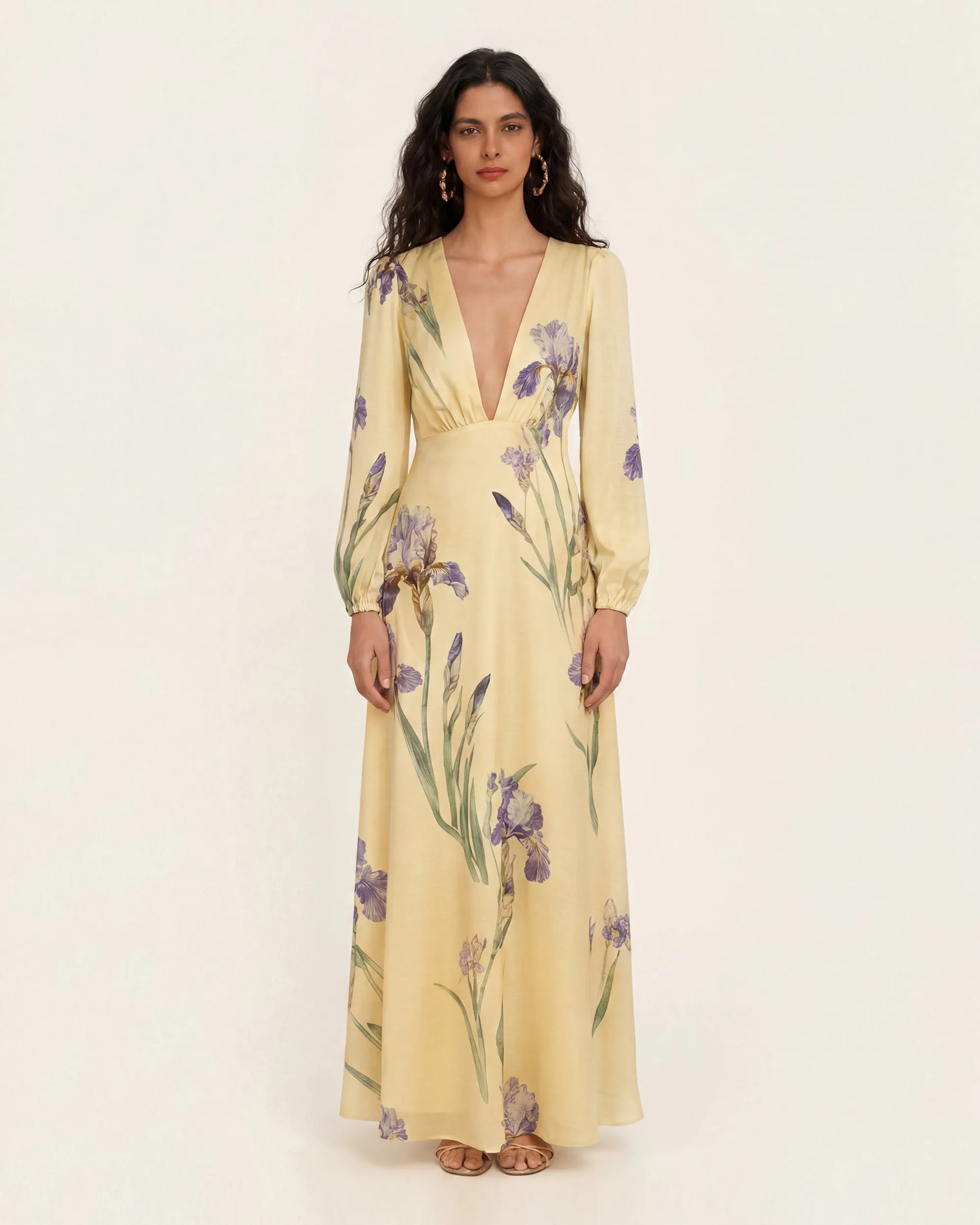 Iris Print Deep-V Long-Sleeve Maxi Dress - Soft Yellow sold by JW PEI