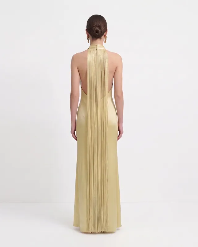 Cross Halter Fringe Back Satin Maxi Dress - Champagne made by JW PEI