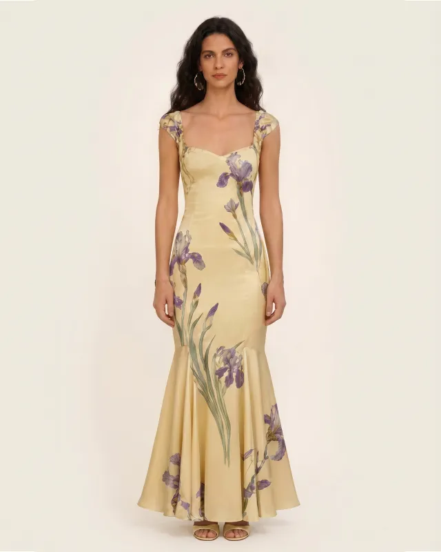 Iris Print Satin Mermaid Maxi Dress - Soft Yellow made by JW PEI