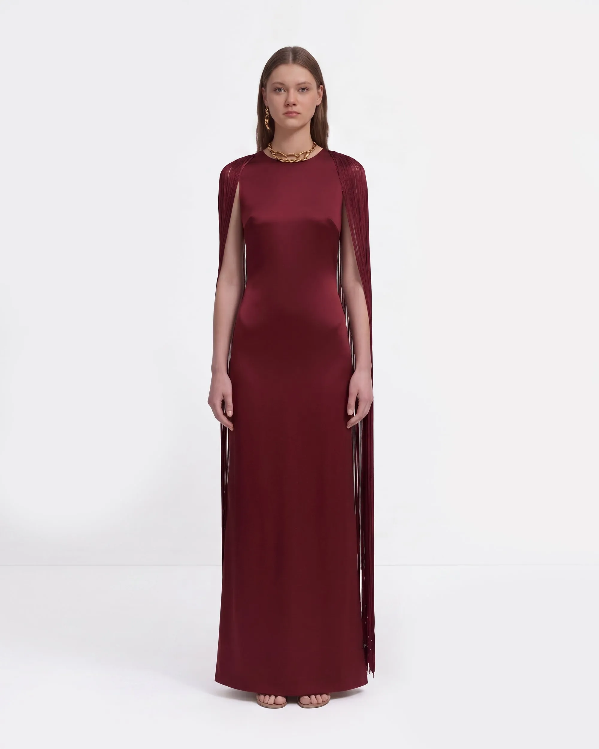 Fringe Cape Open Back Satin Maxi Dress - Wine Red sold by JW PEI