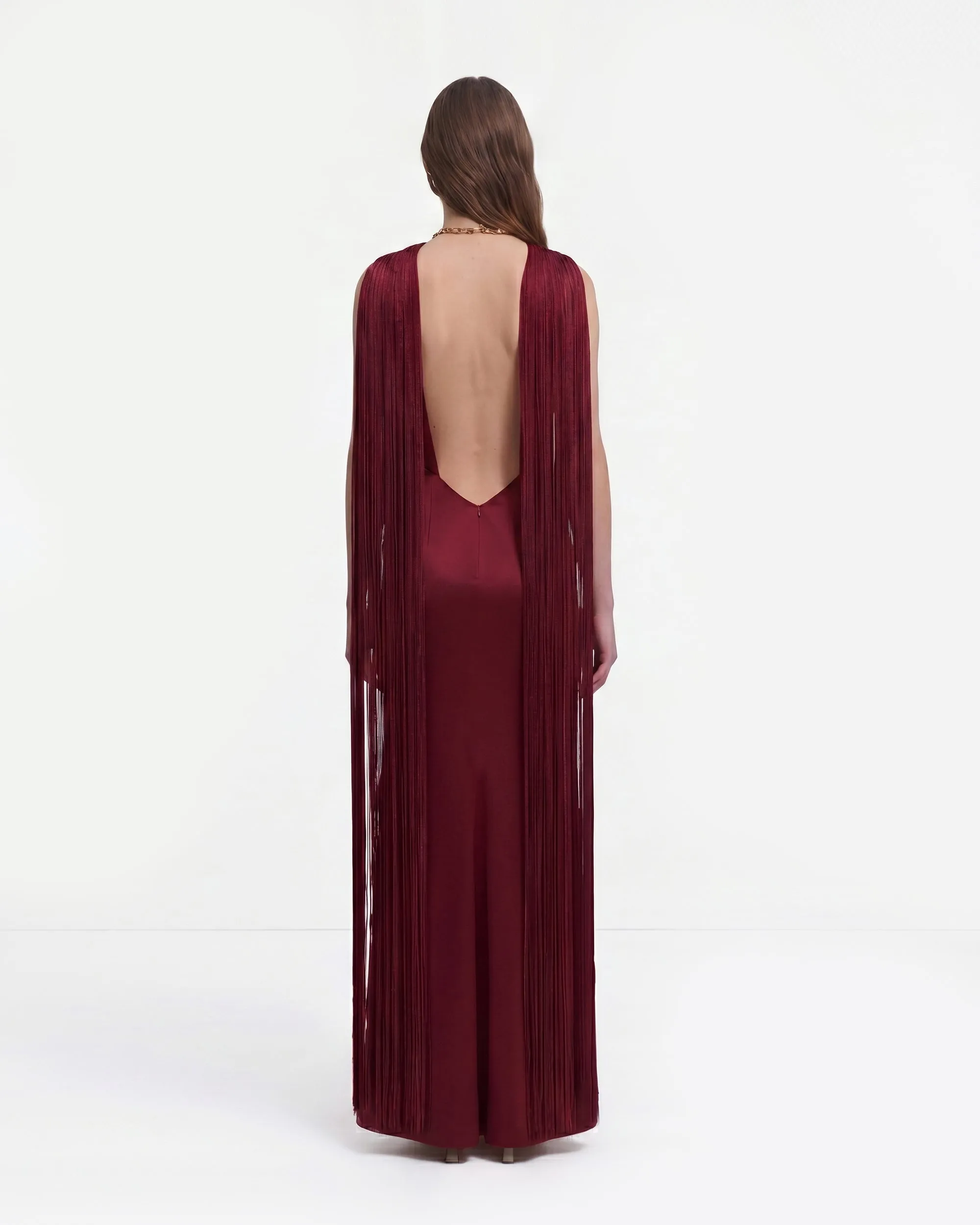 Fringe Cape Open Back Satin Maxi Dress - Wine Red sold by JW PEI product image thumbnail 2