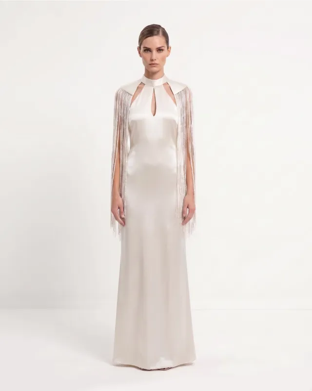 High Neck Fringe Cape Satin Maxi Dress - Ivory made by JW PEI