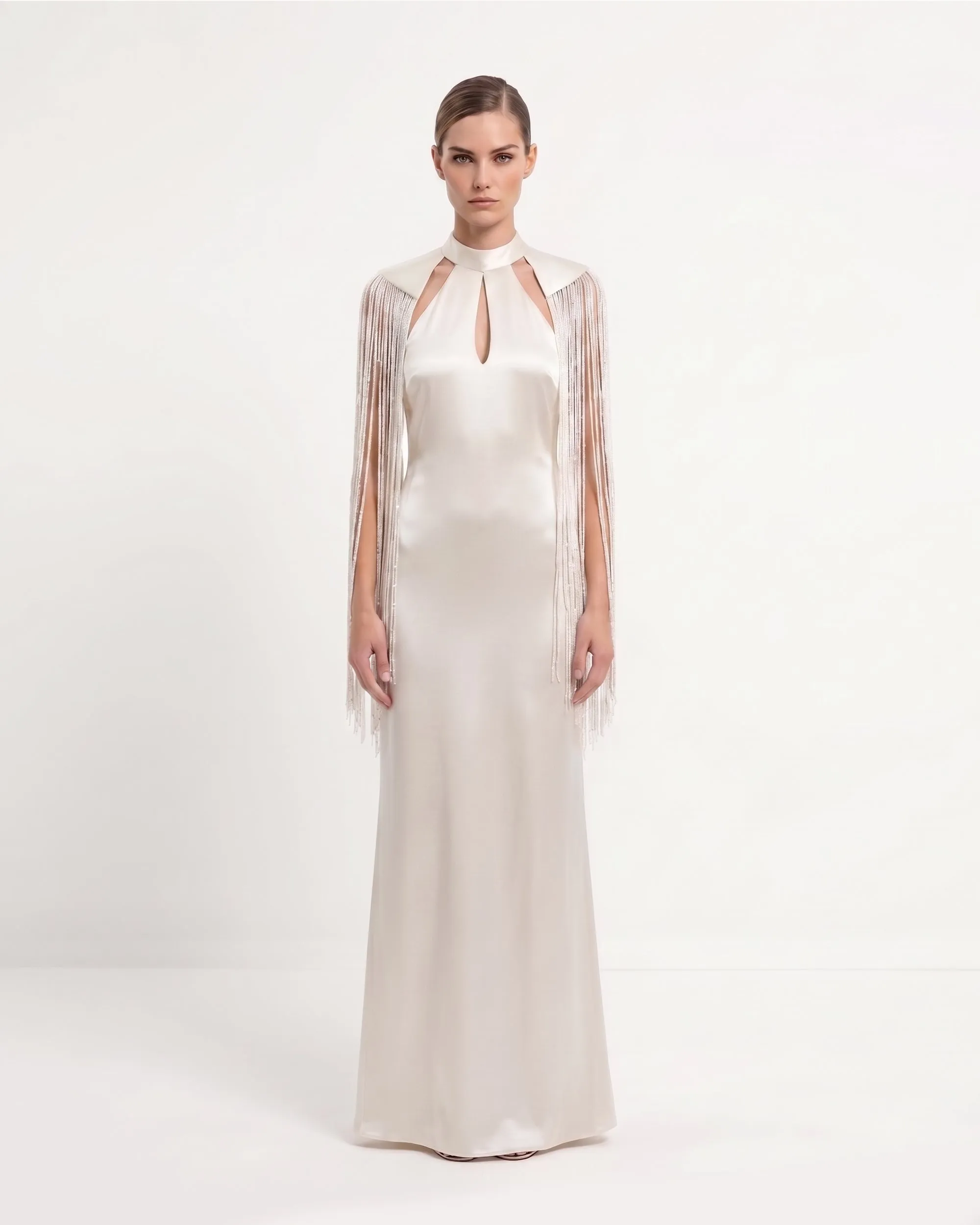 High Neck Fringe Cape Satin Maxi Dress - Ivory sold by JW PEI