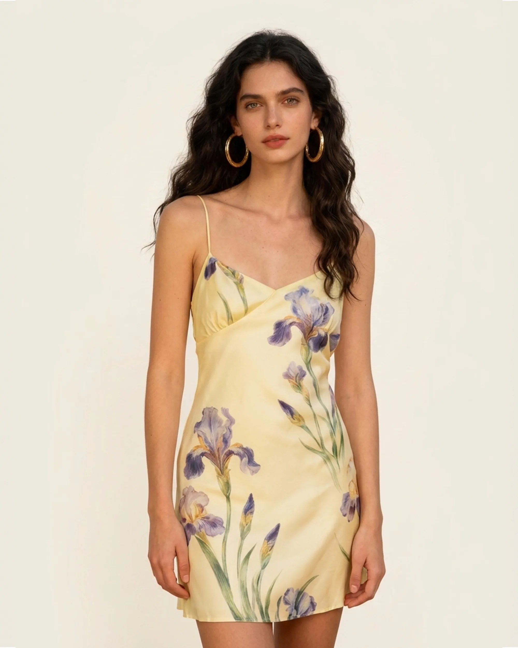 Iris Print Satin Slip Mini Dress - Soft Yellow sold by JW PEI