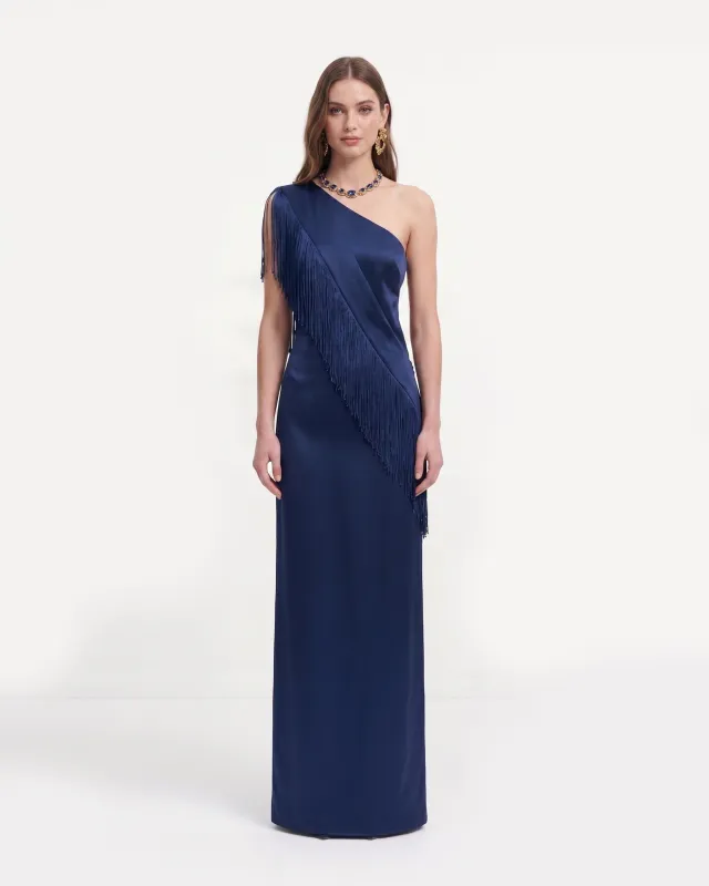 One Shoulder Fringe Satin Maxi Dress - Navy Blue made by JW PEI