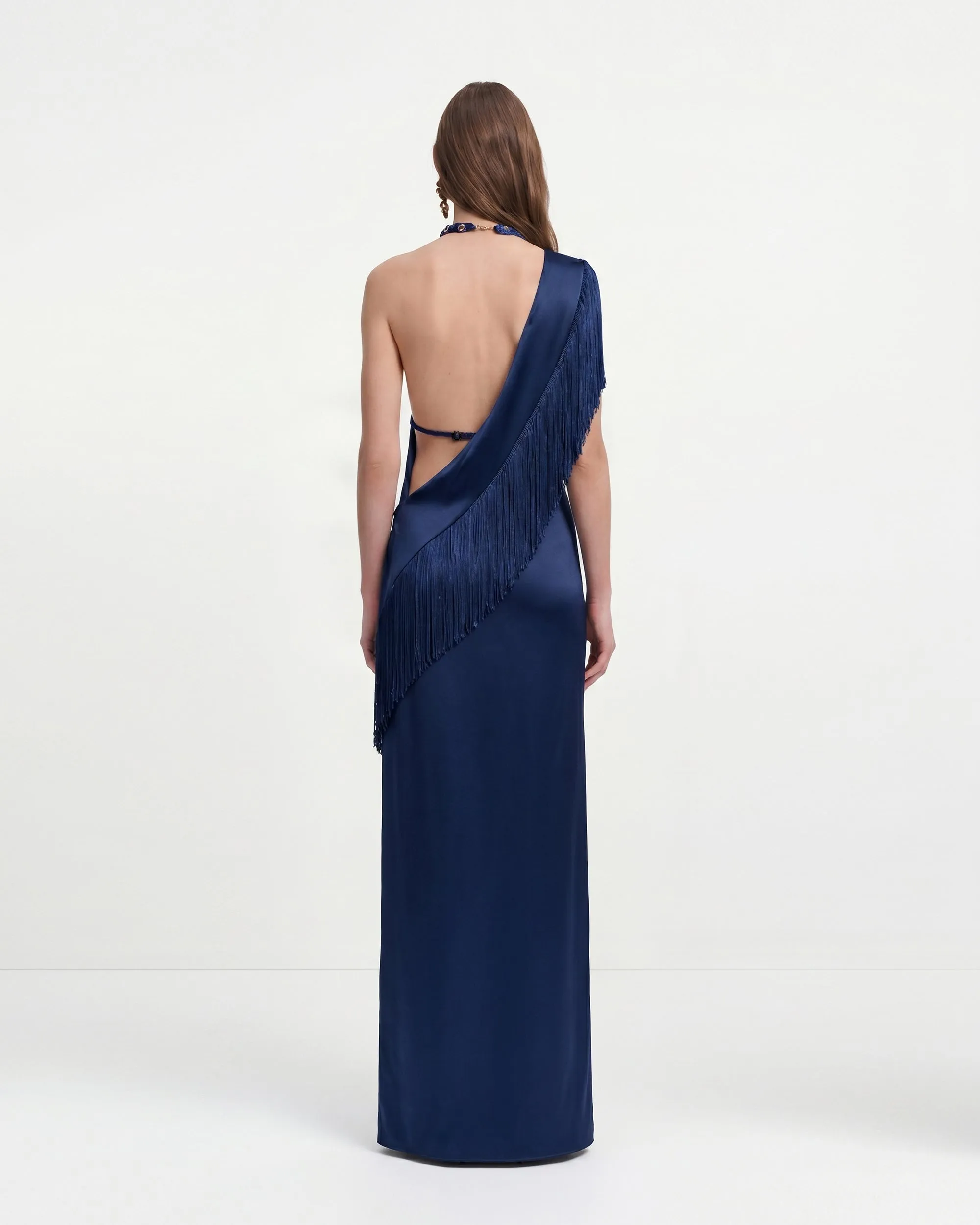 One Shoulder Fringe Satin Maxi Dress - Navy Blue sold by JW PEI product image thumbnail 2