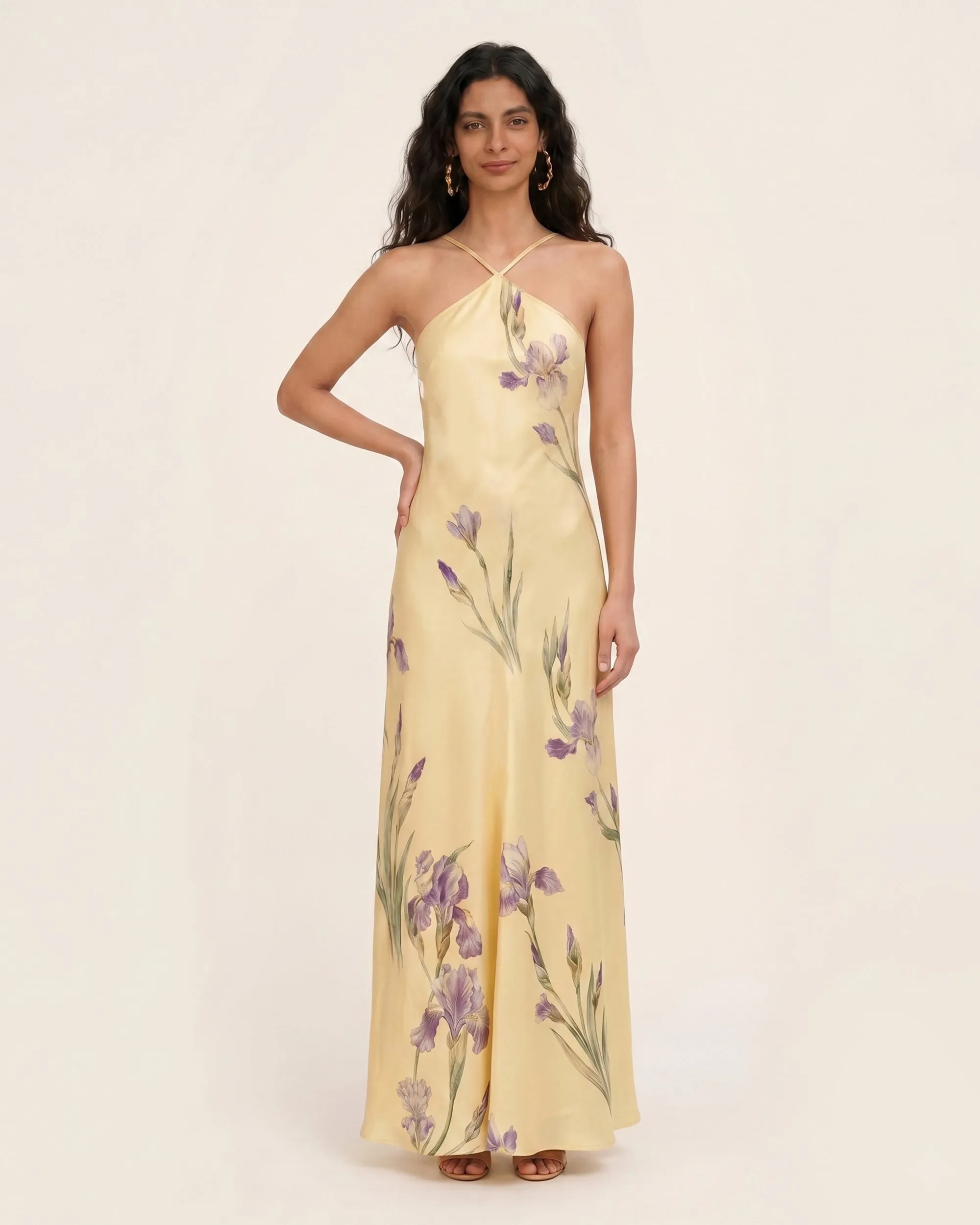 Iris Print Cross-Halter Open-Back Maxi Dress - Yellow sold by JW PEI