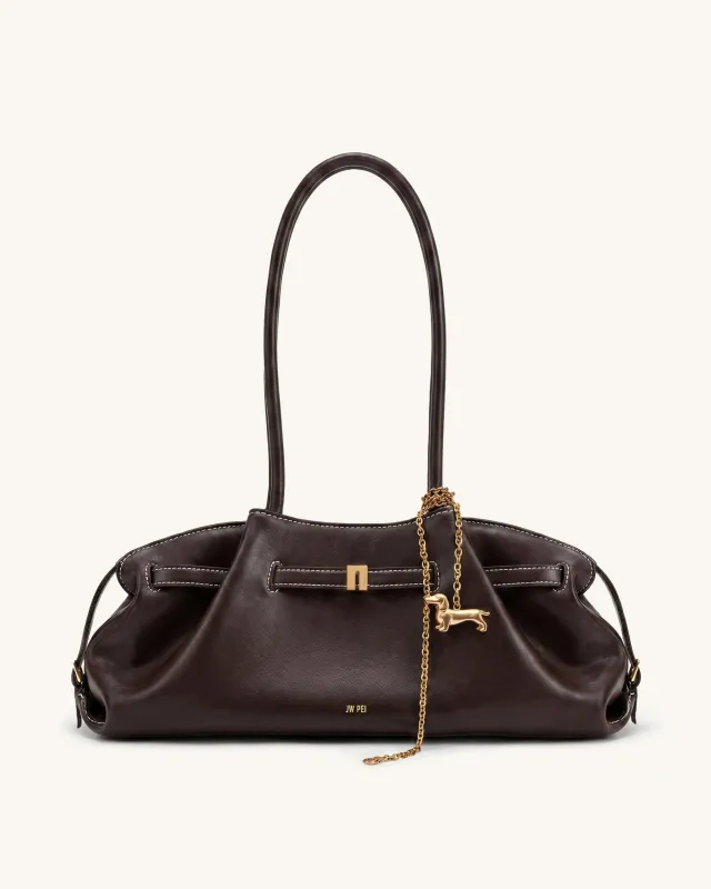 Maeve Dachshund Charm Gathered Shoulder Bag – Espresso Brown made by JW PEI