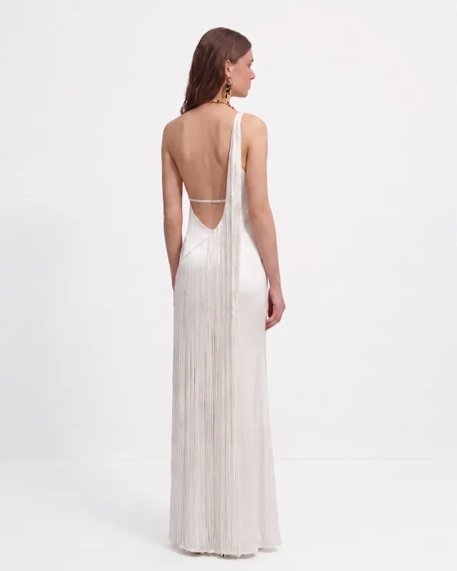 Fringe One Shoulder Maxi Dress - White made by JW PEI