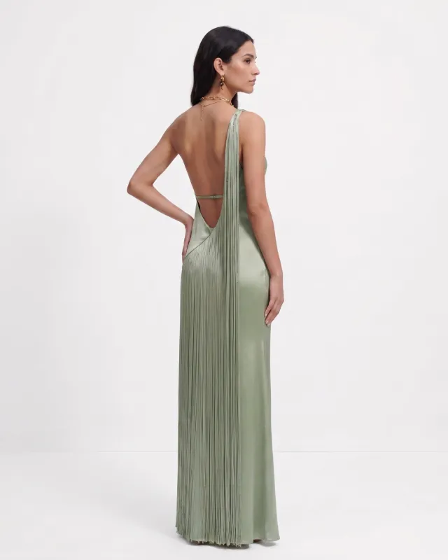 Fringe One Shoulder Maxi Dress - Sage Green made by JW PEI