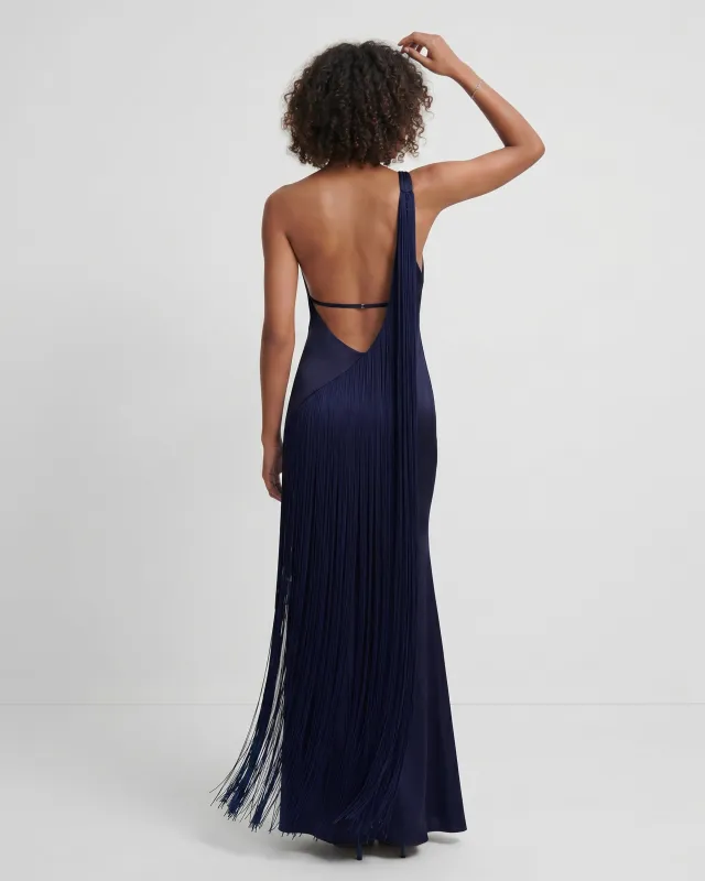 Fringe One Shoulder Maxi Dress - Navy Blue made by JW PEI