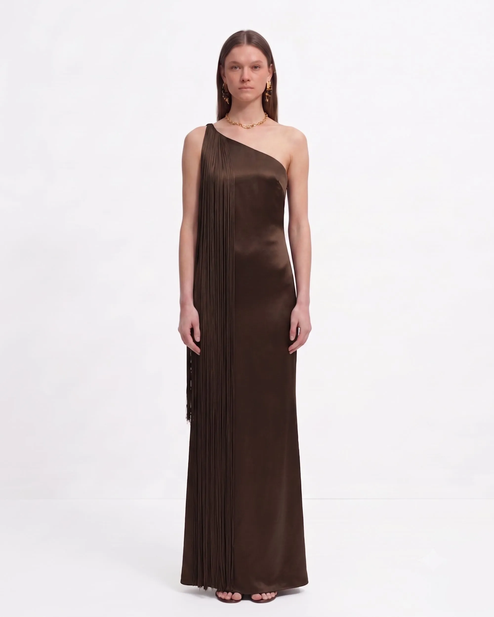 Fringe One Shoulder Maxi Dress - Dark Chocolate sold by JW PEI product image thumbnail 2
