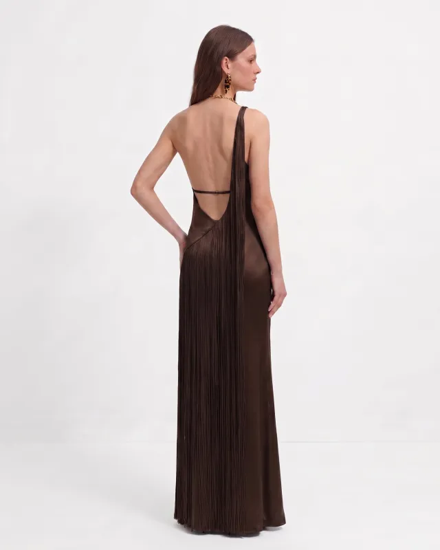 Fringe One Shoulder Maxi Dress - Dark Chocolate made by JW PEI