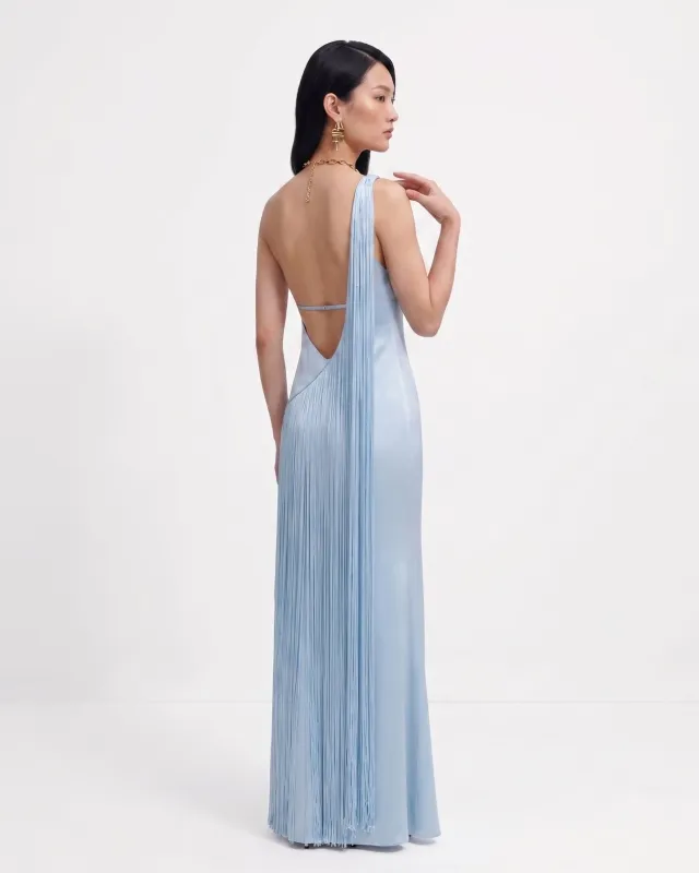 Fringe One Shoulder Maxi Dress - Light Blue made by JW PEI