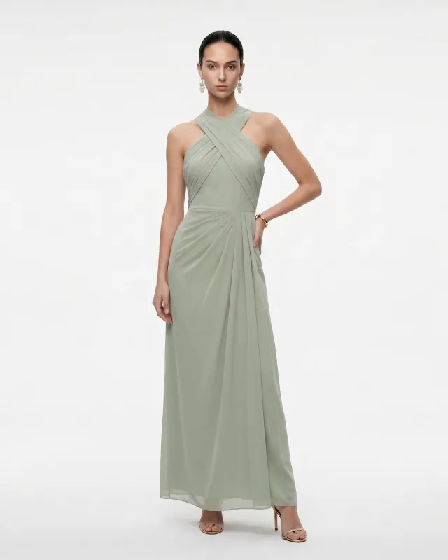 Draped Cross Halter Maxi Dress - Sage Green made by JW PEI