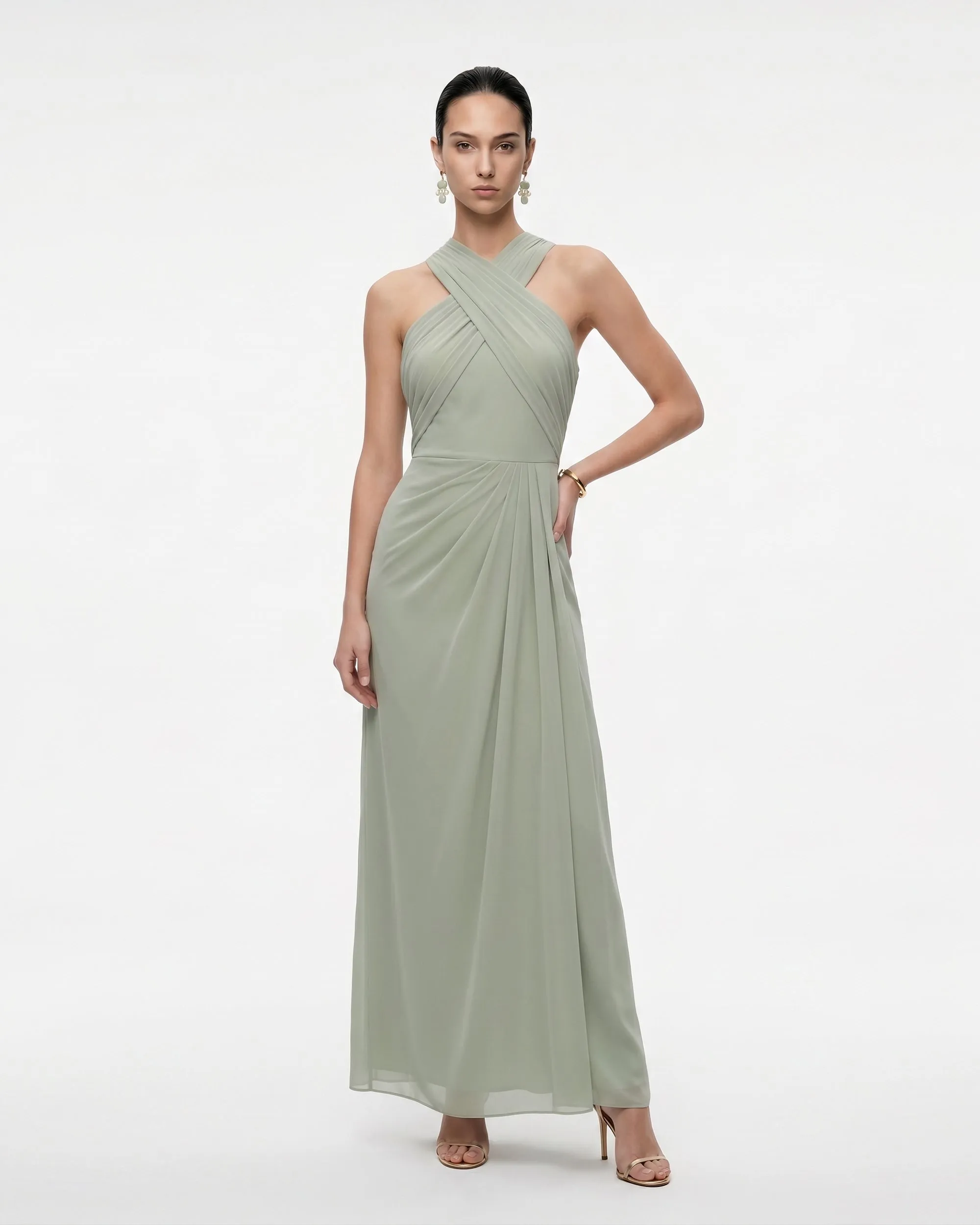 Draped Cross Halter Maxi Dress - Sage Green sold by JW PEI