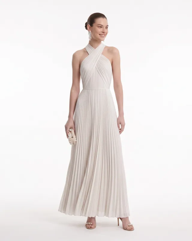 Pleated Cross Halter Maxi Dress - Ivory made by JW PEI