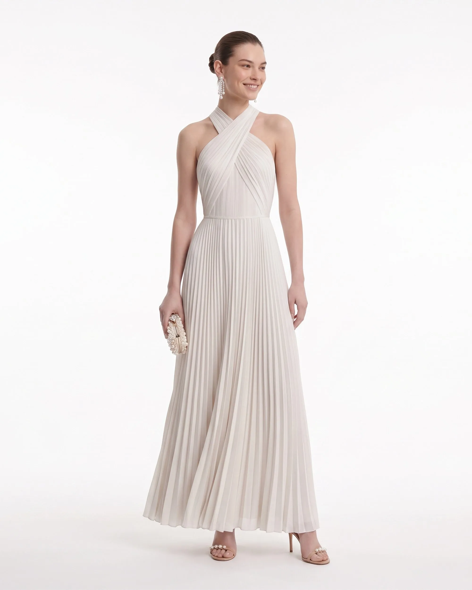 Pleated Cross Halter Maxi Dress - Ivory sold by JW PEI