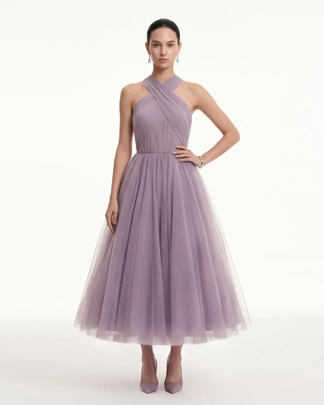 Tulle Cross Halter A-Line Midi Dress - Dusty Mauve made by JW PEI