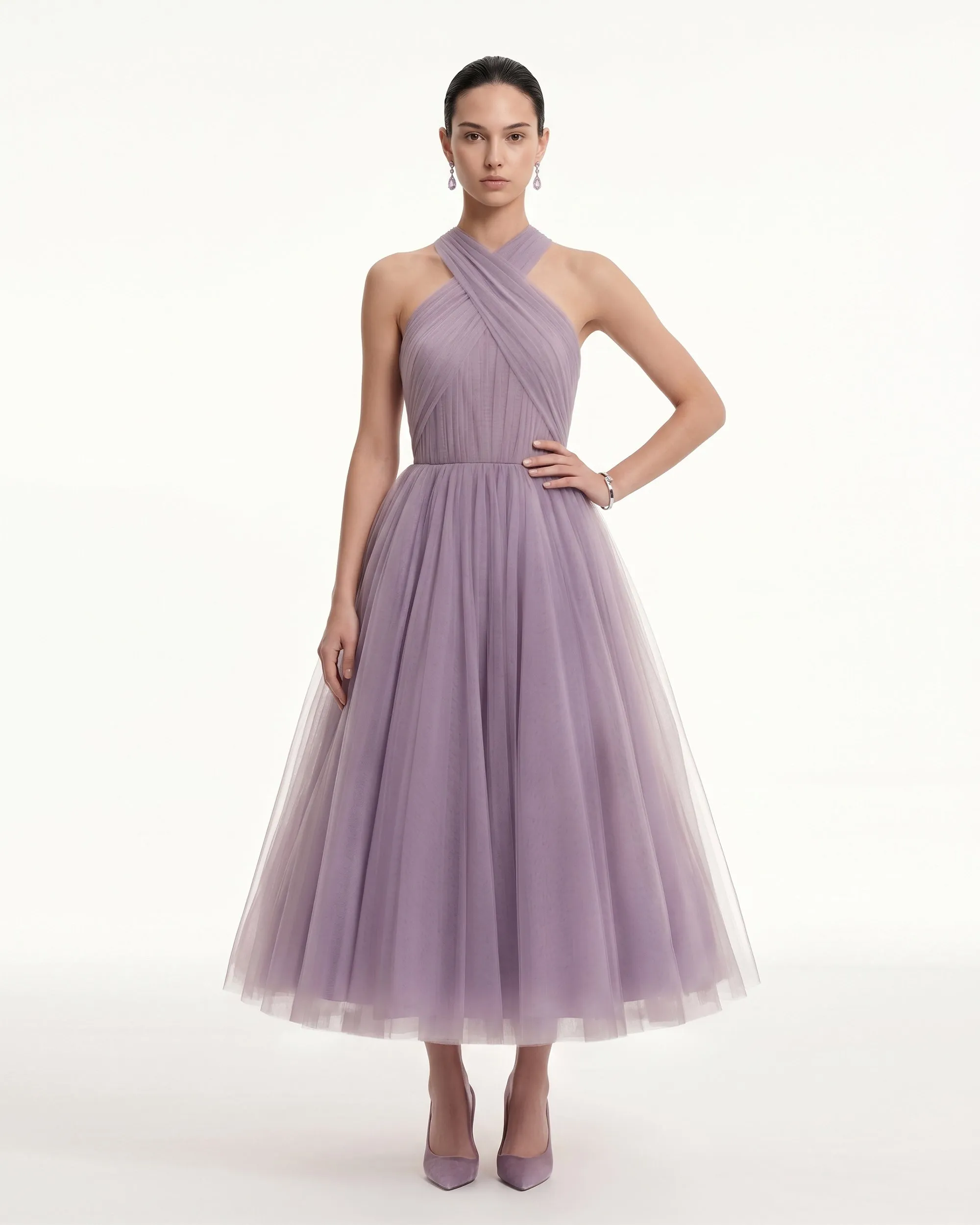 Tulle Cross Halter A-Line Midi Dress - Dusty Mauve sold by JW PEI