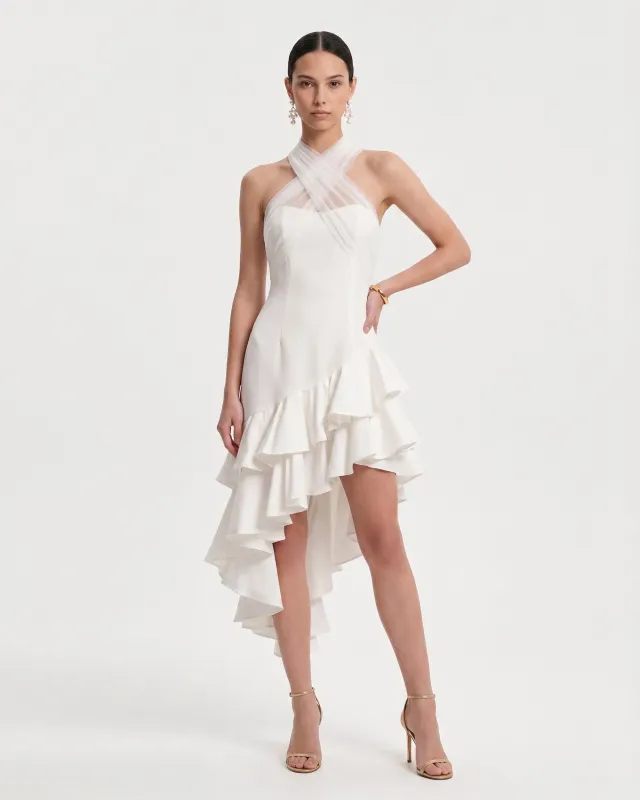 Tulle Cross Halter Asymmetric Ruffle Mini Dress - Ivory made by JW PEI