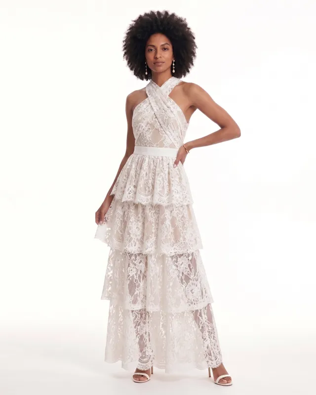 Lace Cross Halter Tiered Maxi Dress - Ivory made by JW PEI