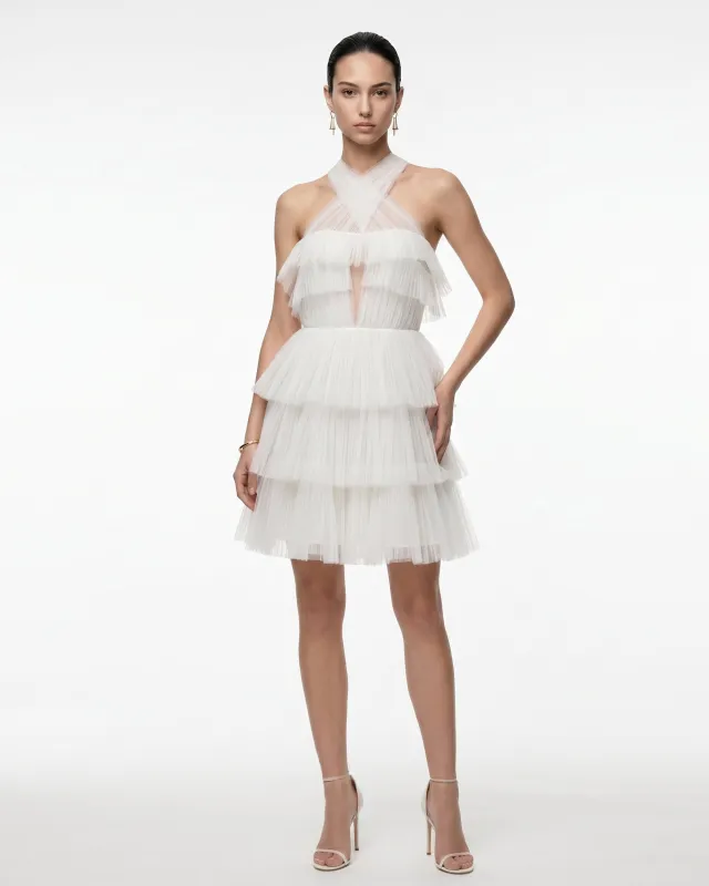 Tulle Cross Halter Tiered Ruffle Mini Dress - Ivory made by JW PEI
