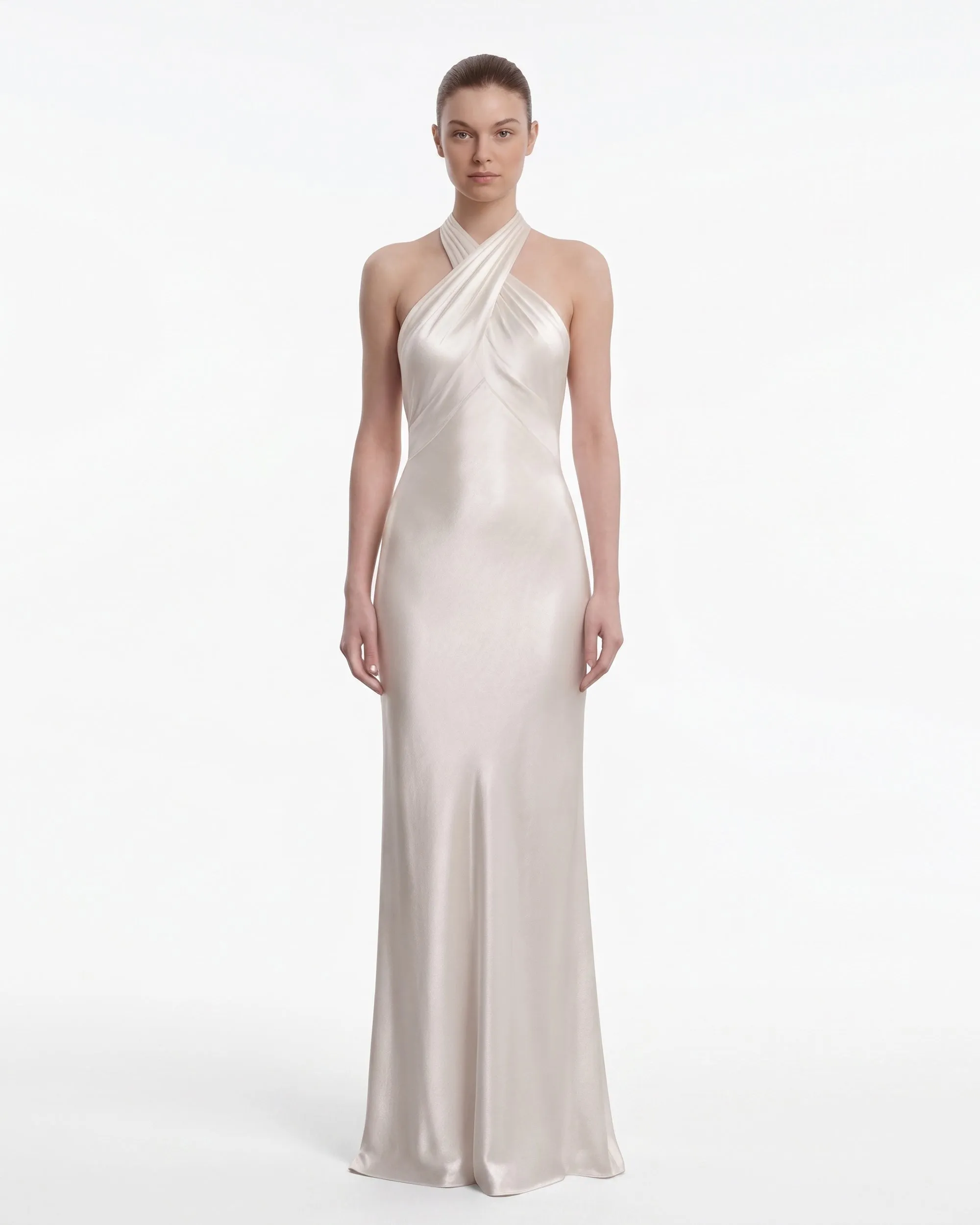 Satin Cross Halter Column Maxi Dress - Champagne sold by JW PEI