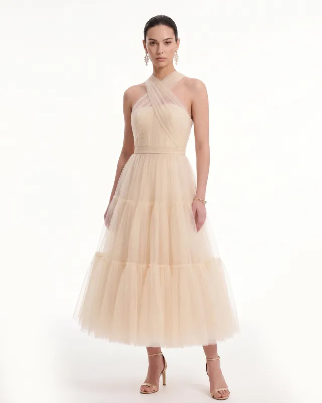 Tulle Cross Halter Tiered Midi Dress - Nude Apricot made by JW PEI